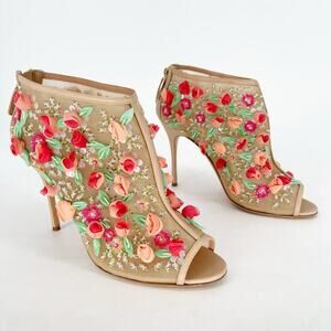 Manolo Blahnik Clizia Tan Mesh Bootie with Sequin and Floral Appliqué IT 40.5